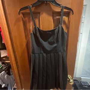 Black Pinstripe Midi Slip Dress with Pleated Skirt